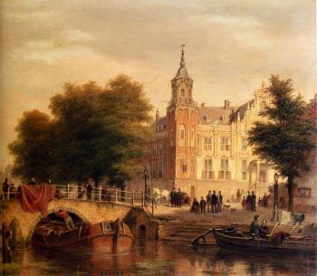 巴斯勒莫斯 約翰內斯 範 霍夫 A Sunlit Townview With Figures Gathered On A Square Along A Canal